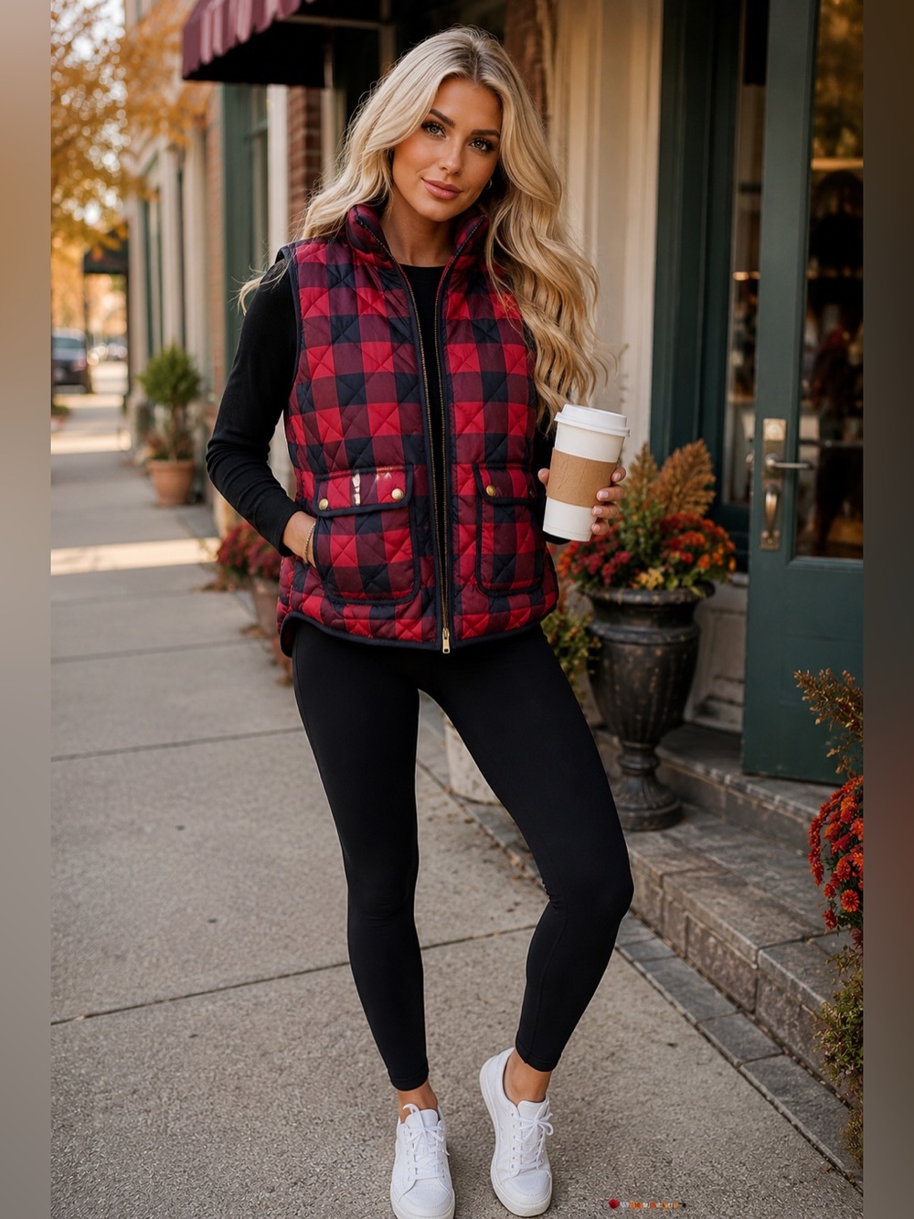 J. Crew Red and Black Buffalo Plaid Quilted Vest Size Medium